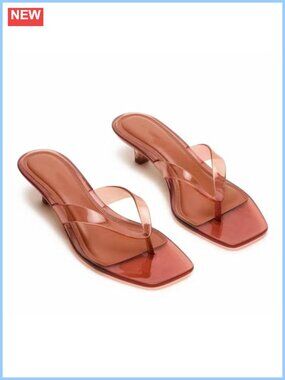 Jelly Thong Heeled Sandals Low Kitten Heel Square Open Toe Slide
